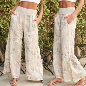 Effortlessly Chic Stretch Waistband Floral Flowy Linen Wide Leg Relaxed Pant